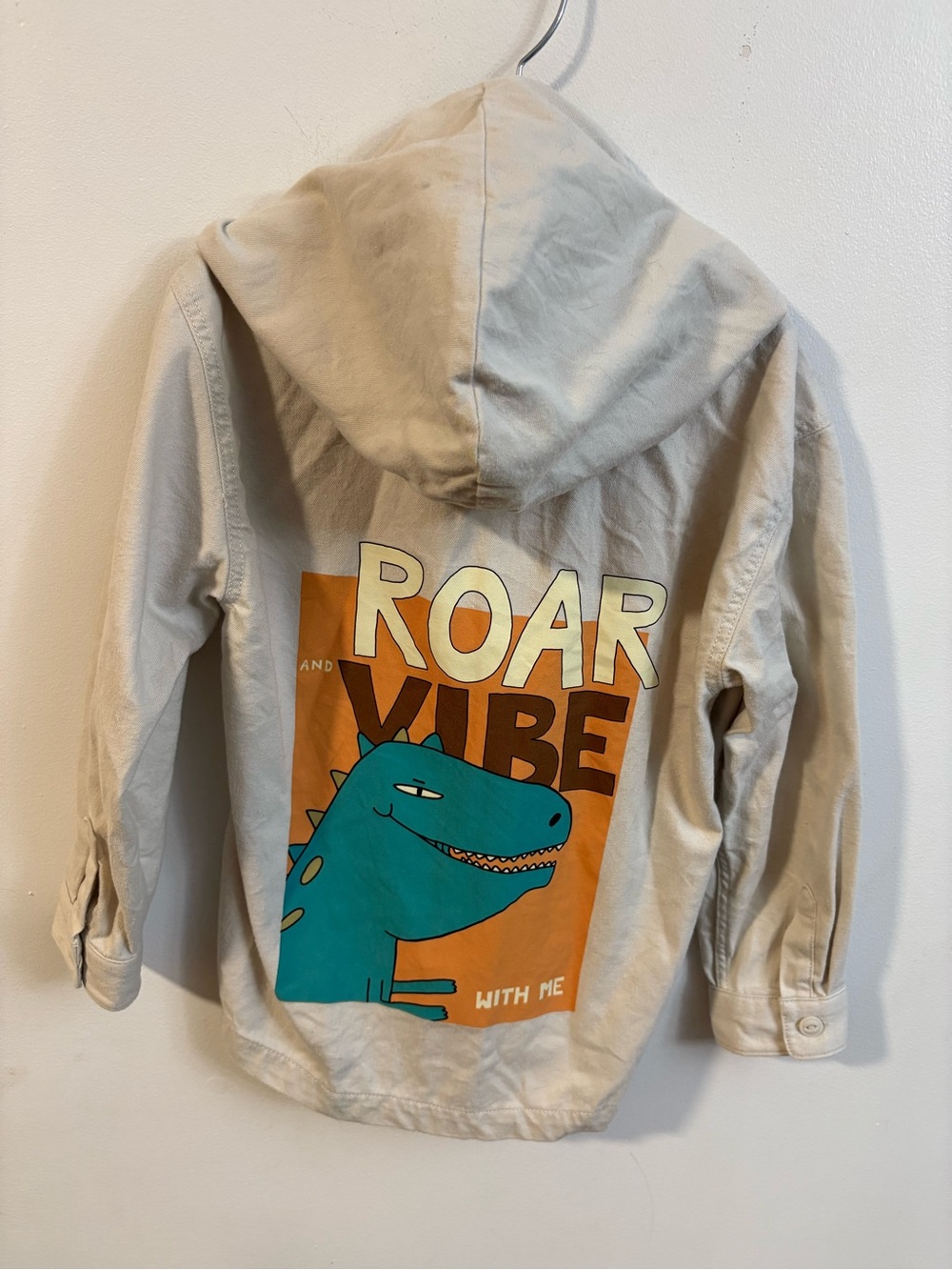 H&M Beige Hoodie with Teal Dinosaur and Orange Graphic - ROAR VIBE 5-6 years
